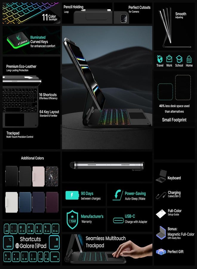 typecase غطاء لوحة مفاتيح Typecase Edge لجهاز iPad Pro مقاس 11 بوصة (M5 2025/M4 2024) - تصميم سحري مع لوحة لمس متعددة، وإضاءة خلفية بـ 11 لونًا، وحامل قلم، نحيف وخفيف الوزن - أسود - Image 4