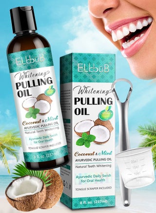 Whitening Pulling Oil 237ml Coconut Oil Pulling Whitening Mouthwash with Coconut Oil and Peppermint Teeth Whitening Oils Pulling Mouthwash with Tongue Scraper Natural Essential Oils