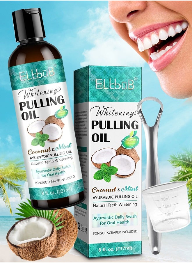 ELBBUB Whitening Pulling Oil 237ml Coconut Oil Pulling Whitening Mouthwash with Coconut Oil and Peppermint Teeth Whitening Oils Pulling Mouthwash with Tongue Scraper Natural Essential Oils  - Image 1