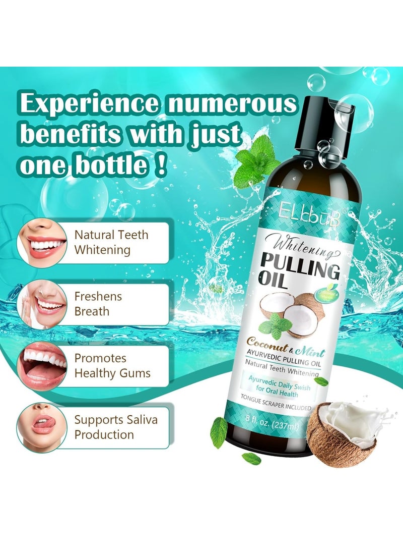 ELBBUB Whitening Pulling Oil 237ml Coconut Oil Pulling Whitening Mouthwash with Coconut Oil and Peppermint Teeth Whitening Oils Pulling Mouthwash with Tongue Scraper Natural Essential Oils  - Image 3