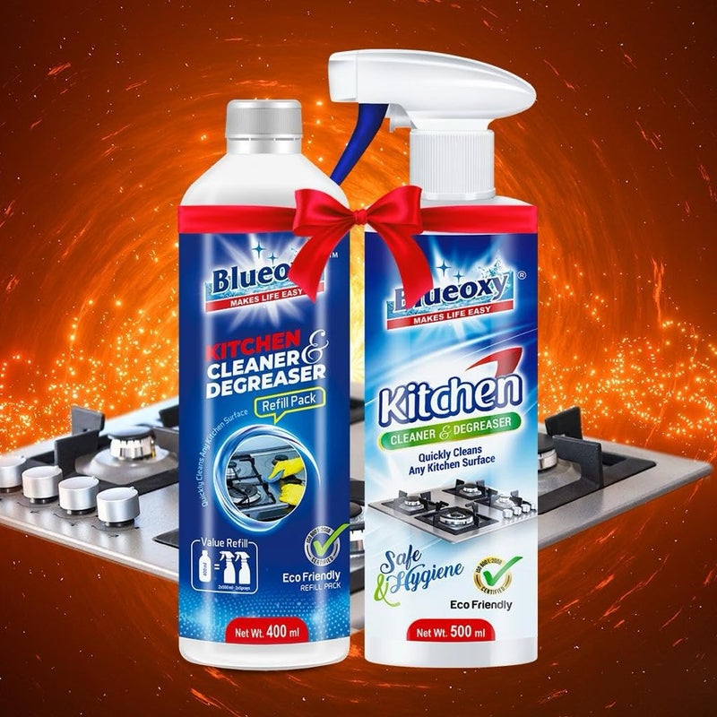 Blueoxy Kitchen Cleaner & Degreaser Spray 500 ml + Kitchen Cleaner & Degreaser Refill Pack 400 ml | Kitchen Oil Stain | Kitchen Grease Remover (Combo Pack of 2) - Image 4
