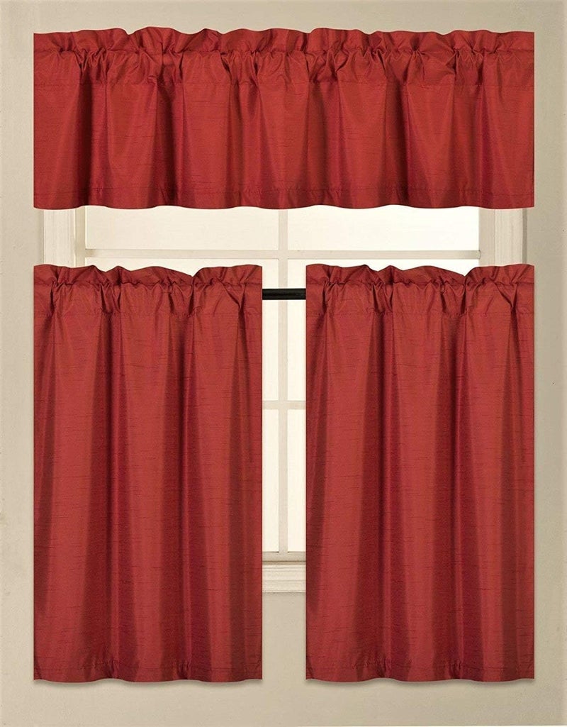 Fancy Linen Fancy Collection 3 Piece Faux Silk Blackout Kitchen Curtain Set - Tier Curtains and Valance - Red Color Window Set - Thermal Backing Drapes - Assorted Colors - Image 1