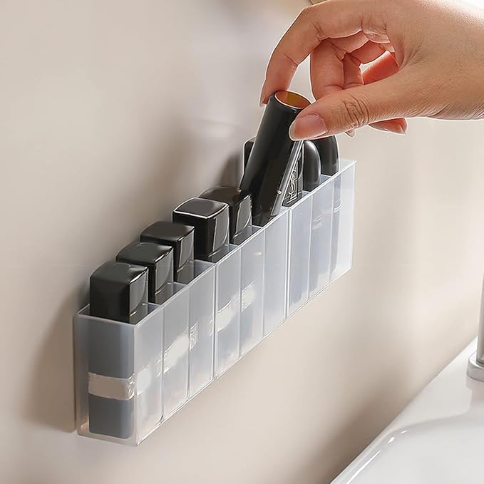ACROWN Mini Wall Mount Storage Box, Compartment Transparent Plastic Makeup Brush Lipstick Holder Self-Adhesive Pen Holder Makeup Organizer for Home Office (18) - Image 4