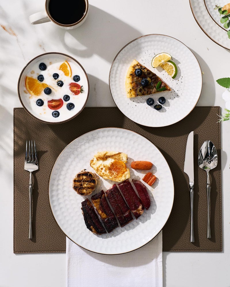 Famiware Eden Plates and Bowls Sets, Stoneware Dinnerware Sets with Gold Trim, 12 Pieces Dishes Set for 4 - Chip and Scratch Resistant, Microwave and Dishwasher Safe, White Circle - Image 4