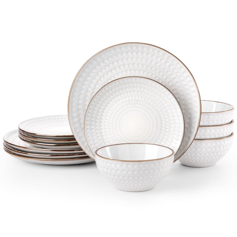 Famiware Eden Plates and Bowls Sets, Stoneware Dinnerware Sets with Gold Trim, 12 Pieces Dishes Set for 4 - Chip and Scratch Resistant, Microwave and Dishwasher Safe, White Circle - Image 1