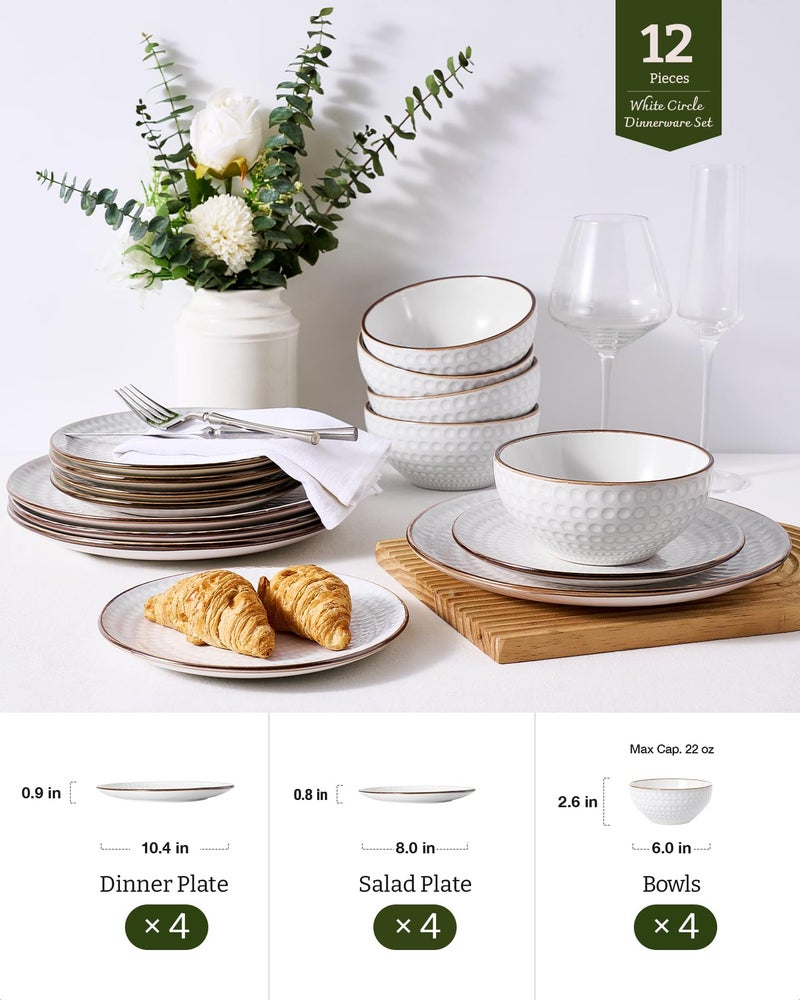 Famiware Eden Plates and Bowls Sets, Stoneware Dinnerware Sets with Gold Trim, 12 Pieces Dishes Set for 4 - Chip and Scratch Resistant, Microwave and Dishwasher Safe, White Circle - Image 3