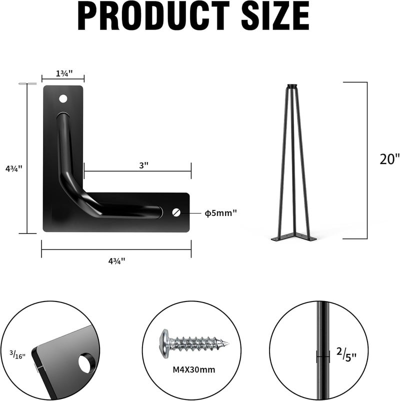 Ventuos 20Inch Hairpin Table Legs 3 Rods Hairpin Feet 4 Pack Heavy Duty Black Hairpin Legs20 - Image 2