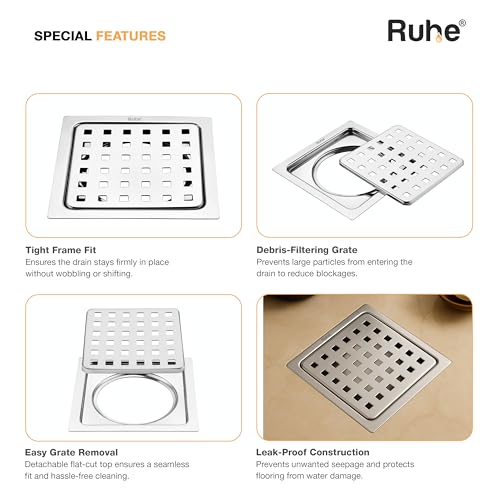 Ruhe® Check Square Flat Cut Floor Drain| Premium Stainless Steel | 5 x 5 inches | Pack of 6 - Image 4
