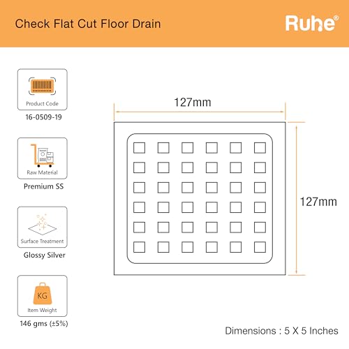 Ruhe® Check Square Flat Cut Floor Drain| Premium Stainless Steel | 5 x 5 inches | Pack of 6 - Image 3