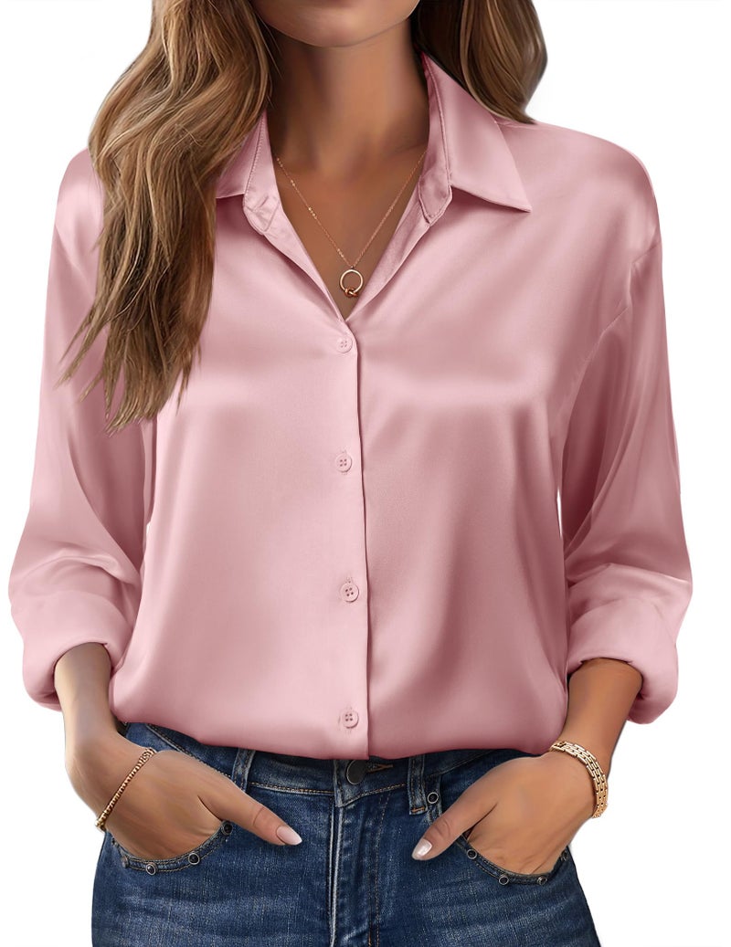 Zeagoo Button Down Shirts for Women Casual Satin Silk Blouses Long Sleevve Collared Top Elegant Work Clothes Pink - Image 1