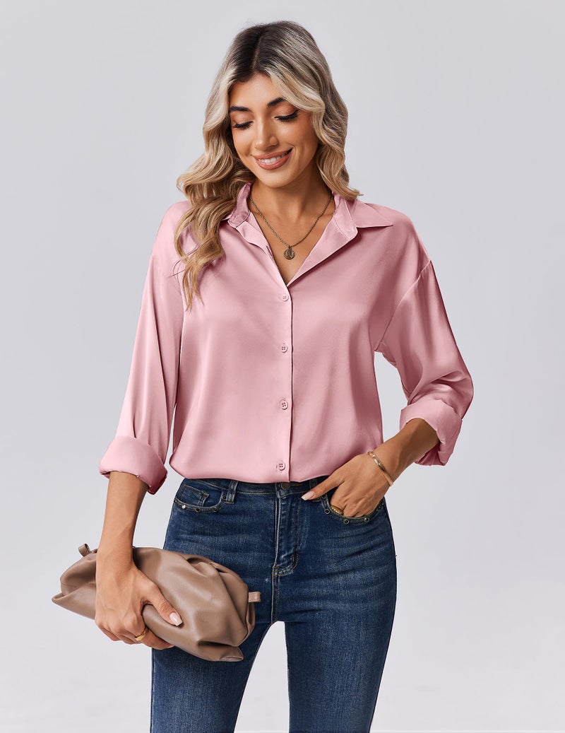 Zeagoo Button Down Shirts for Women Casual Satin Silk Blouses Long Sleevve Collared Top Elegant Work Clothes Pink - Image 4