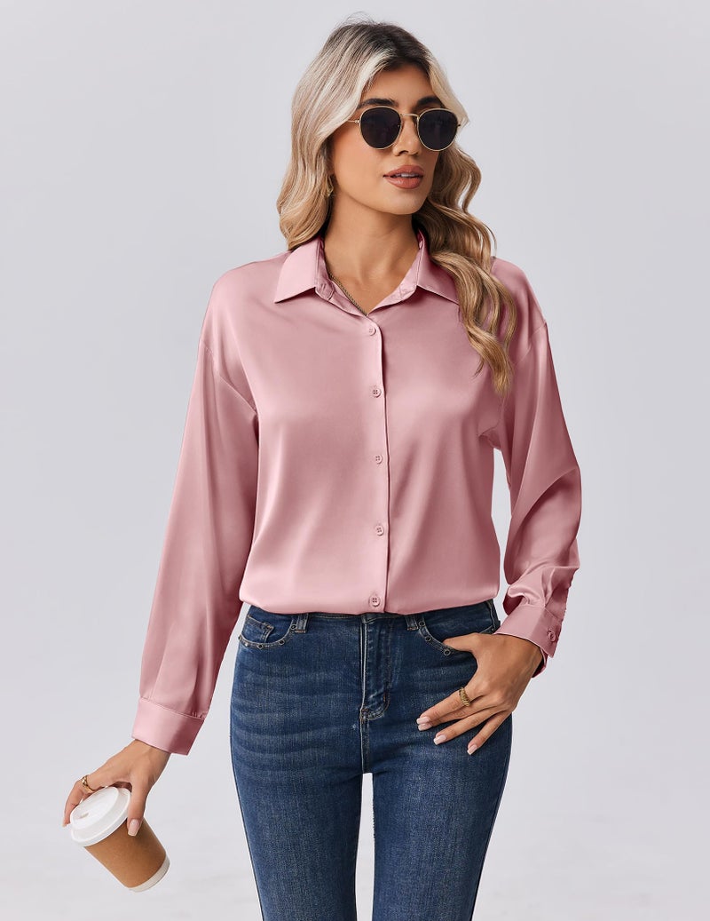 Zeagoo Button Down Shirts for Women Casual Satin Silk Blouses Long Sleevve Collared Top Elegant Work Clothes Pink - Image 2