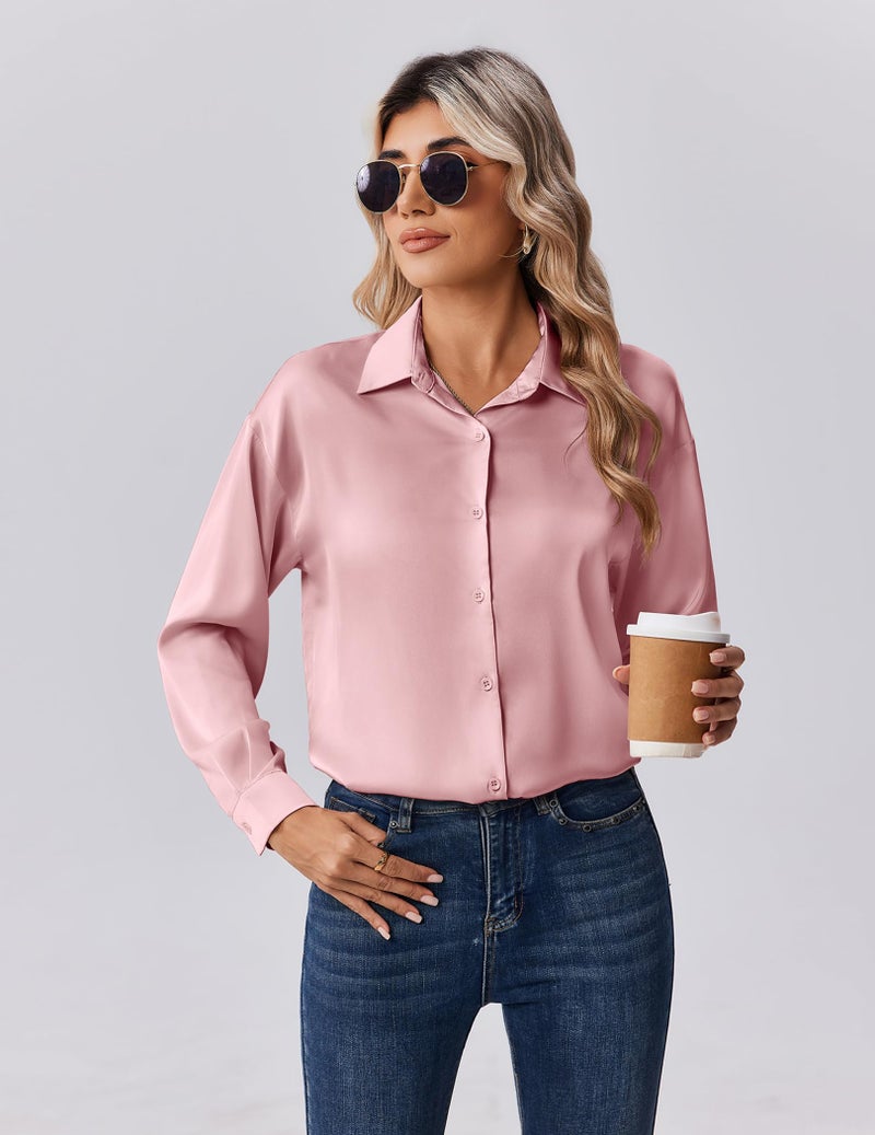 Zeagoo Button Down Shirts for Women Casual Satin Silk Blouses Long Sleevve Collared Top Elegant Work Clothes Pink - Image 5