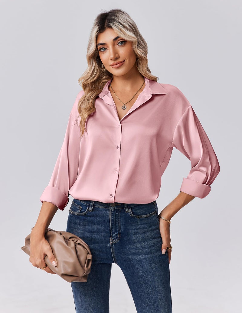 Zeagoo Button Down Shirts for Women Casual Satin Silk Blouses Long Sleevve Collared Top Elegant Work Clothes Pink - Image 3