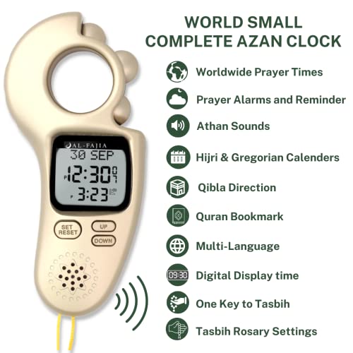 AL-FAJIA Islamic Prayer Time and Athan Sound Reminder Digital Tasbih Counter, Full Azan Clock for USA and Worldwide, Portable (Gold) - Image 3