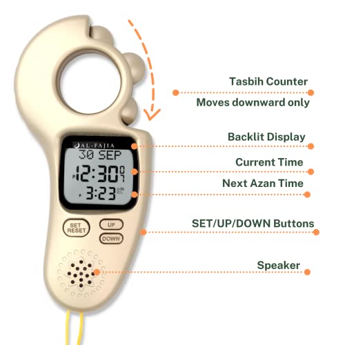 AL-FAJIA Islamic Prayer Time and Athan Sound Reminder Digital Tasbih Counter, Full Azan Clock for USA and Worldwide, Portable (Gold) - Image 4