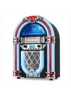 Nostalgic Wood Countertop Jukebox with Built-in Bluetooth Speaker, 50's Retro Vibe, 5 Bright Color-Changing LED Tubes, FM Radio, Wireless Music Streaming, AM/FM Radio, Aux Input