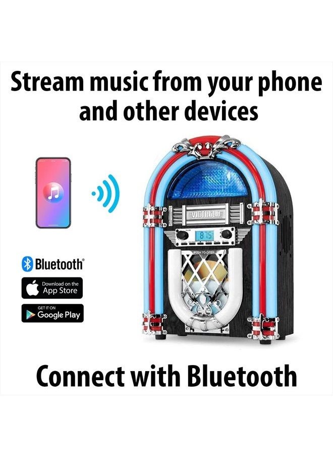 VICTROLA - Nostalgic Wood Countertop Jukebox with Built-in Bluetooth Speaker, 50's Retro Vibe, 5 Bright Color-Changing LED Tubes, FM Radio, Wireless Music Streaming, AM/FM Radio, Aux Input - Image 1