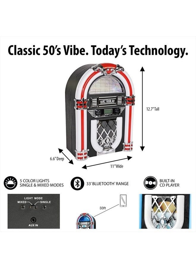 VICTROLA - Nostalgic Wood Countertop Jukebox with Built-in Bluetooth Speaker, 50's Retro Vibe, 5 Bright Color-Changing LED Tubes, FM Radio, Wireless Music Streaming, AM/FM Radio, Aux Input - Image 1