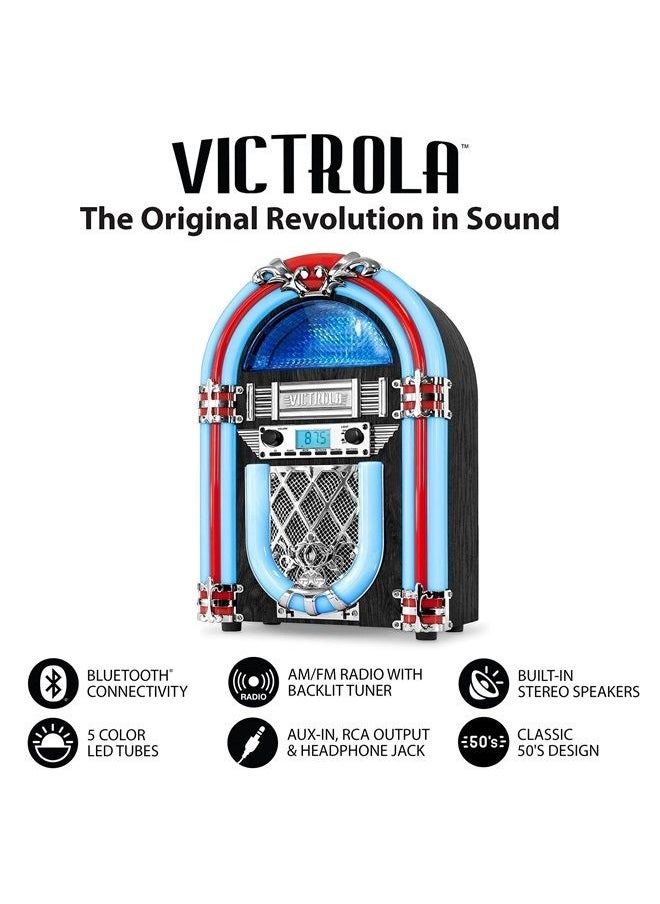VICTROLA - Nostalgic Wood Countertop Jukebox with Built-in Bluetooth Speaker, 50's Retro Vibe, 5 Bright Color-Changing LED Tubes, FM Radio, Wireless Music Streaming, AM/FM Radio, Aux Input - Image 1