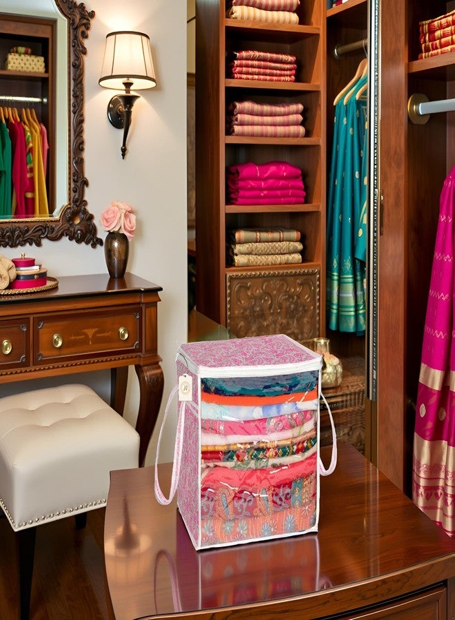 SHAPING FABRIC Pink Floral Fabric Saree Storage Bag with Transparent Front & Zipper Closure – Pack of 01 SF-SBB-1097 - Image 1