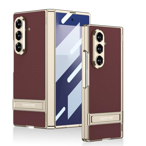 Midkart Magnetic Case Compatible with Samsung Galaxy Z Fold 7 Release 2025 Hinge Protection Leather Cover with Stand Electroplated Camera Protection, Burgundy & Gold - Image 1