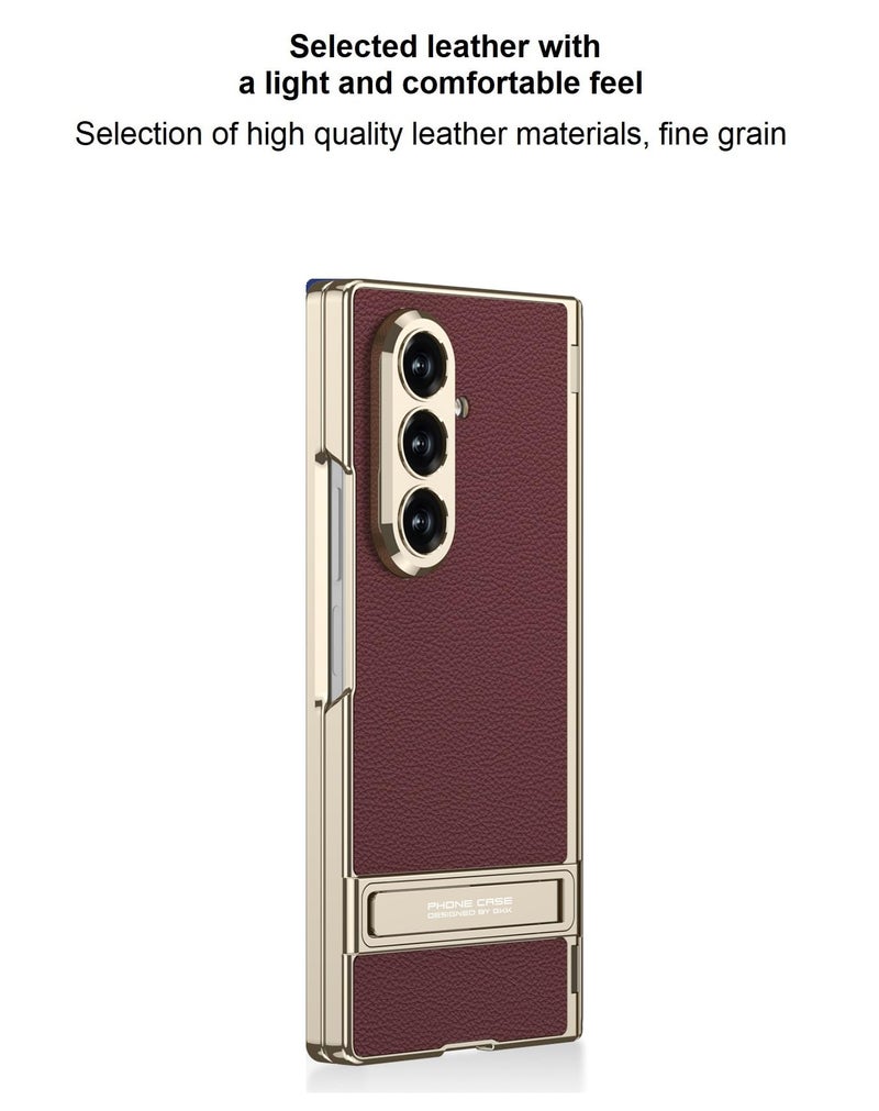 Midkart Magnetic Case Compatible with Samsung Galaxy Z Fold 7 Release 2025 Hinge Protection Leather Cover with Stand Electroplated Camera Protection, Burgundy & Gold - Image 4