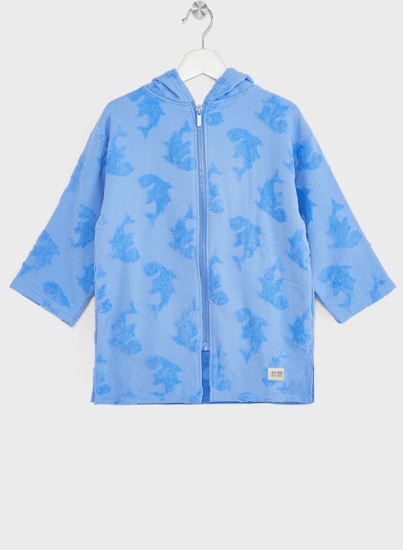Cotton On Shark Print Kids Zip Thru Hooded Towel - Image 1
