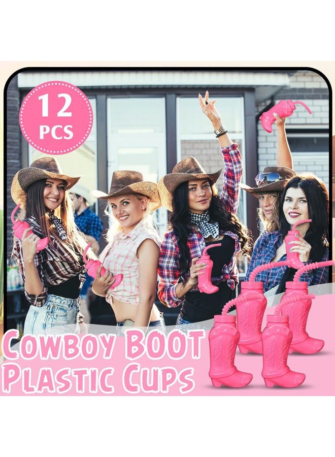 Hoolerry Cowboy Boot Cups with Lids and Straws 10 oz Party Cups Western Rodeo Party Supplies Favors Reusable Plastic Drinkware(Pink,12 Pcs) - Image 4
