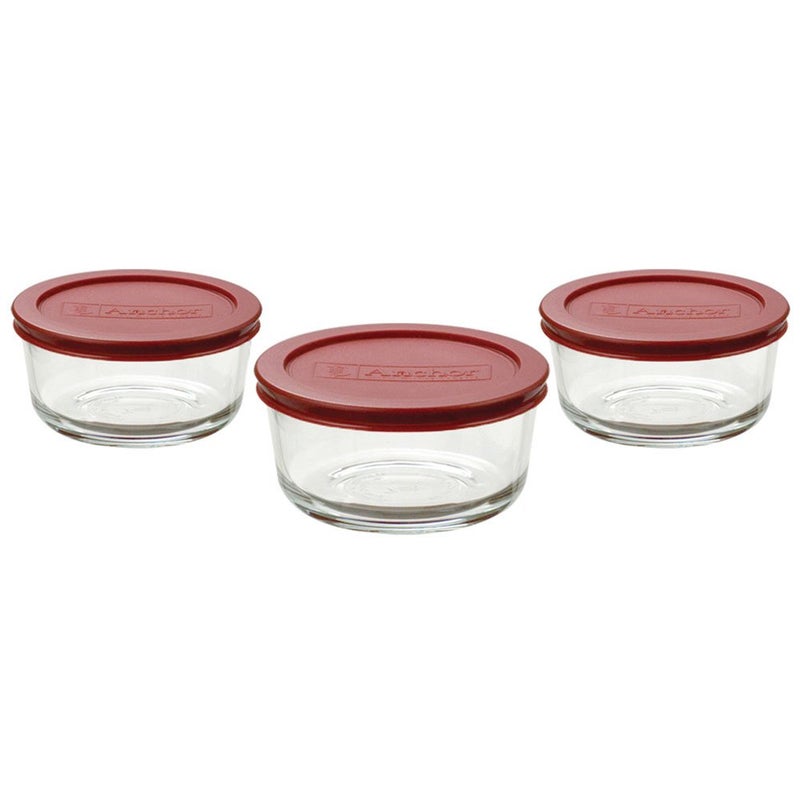 Anchor Hocking Classic Glass Food Storage Containers with Lids  Red  2-Cup (6-Piece Set - Includes 3 Containers and 3 Lids) - Image 1
