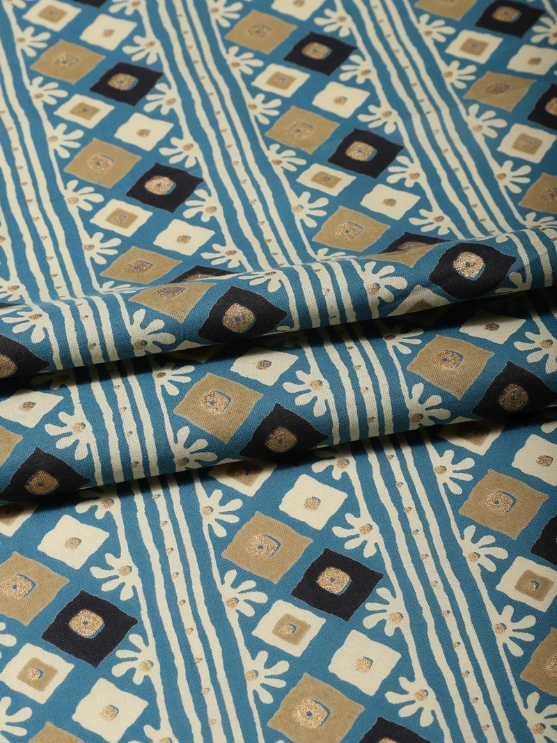 AKS Blue Geometric Diamond Block Print Fabric