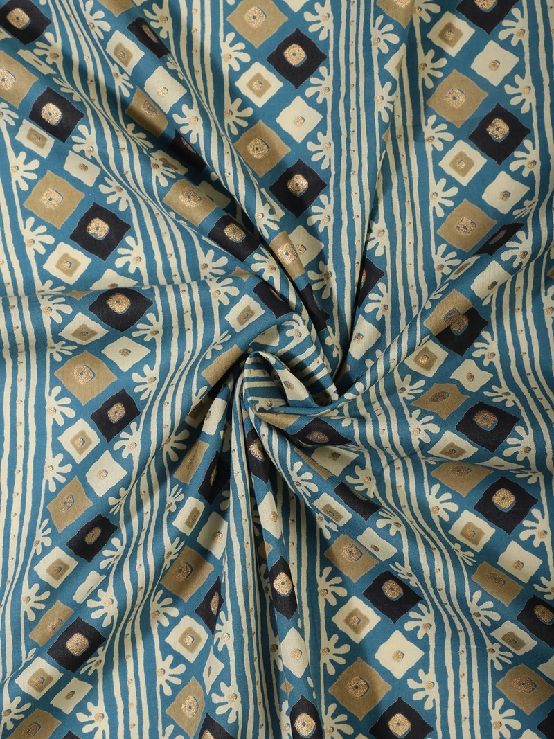 AKS  Blue Geometric Diamond Block Print Fabric  | Best Price UAE