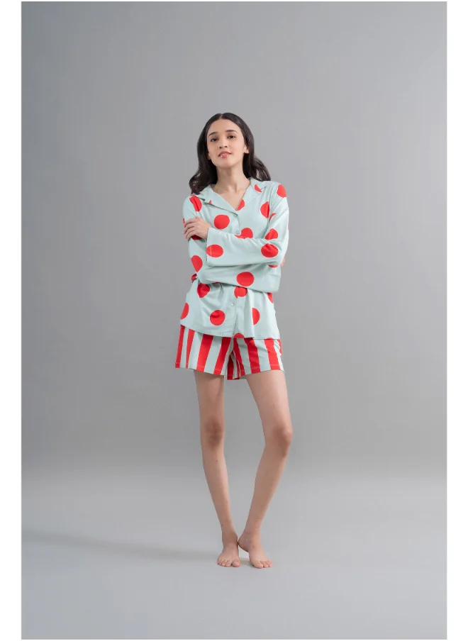 NeceSera Sage Button Down Shirt with Red Polka