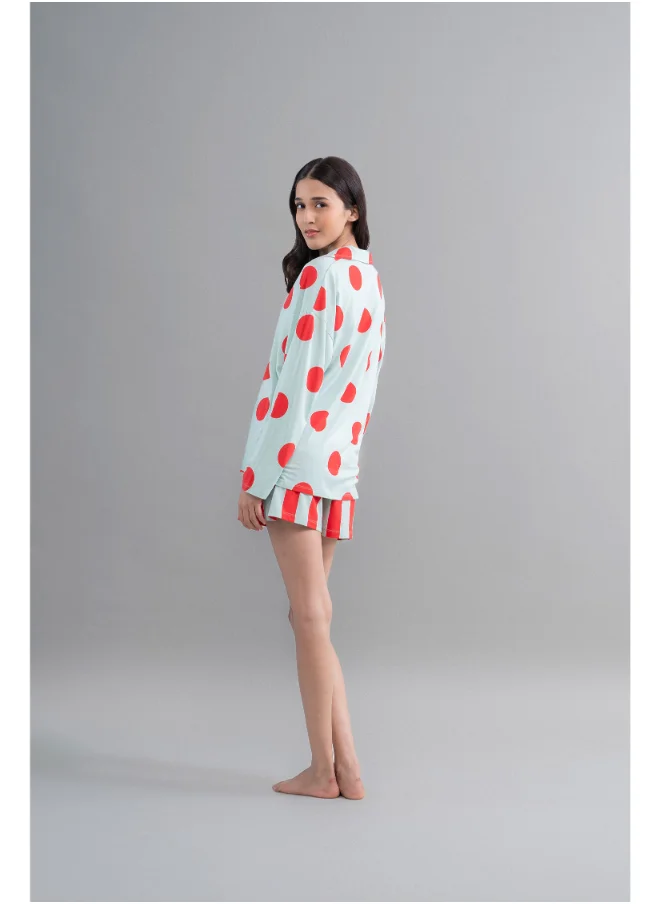 NeceSera Sage Button Down Shirt with Red Polka
