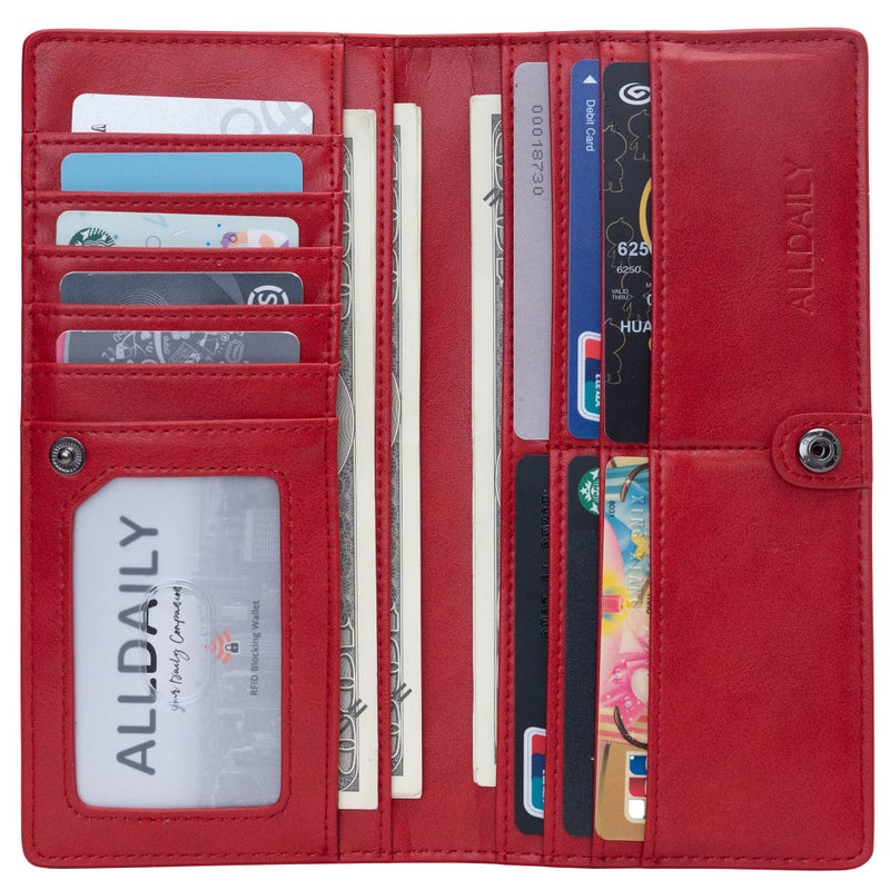 Alldaily Ultra Slim Thin Women Wallet RFID Blocking Credit Card Holder Bifold Long Ladies Billfold (Red) - Image 2