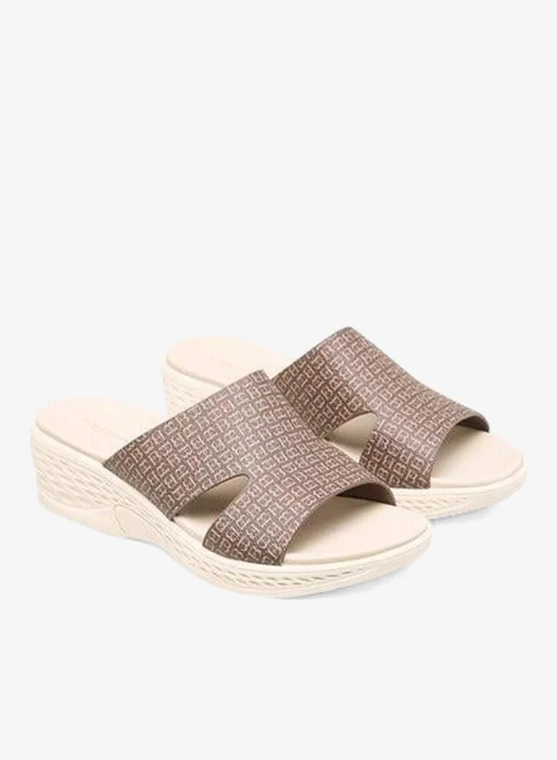 Women Monogram Print Slip-On Sandals with Wedge Heels