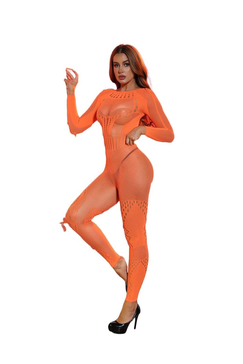 GirlFriend Lingerie Premium Fishnet One Piece Deep V Neck Teddy Babydoll Mesh Nightwear for Women Mesh Badydoll Suit Fishnets Bodysuit See Through Lingerie Chemise Outfits for Women Girl Orange - Image 1