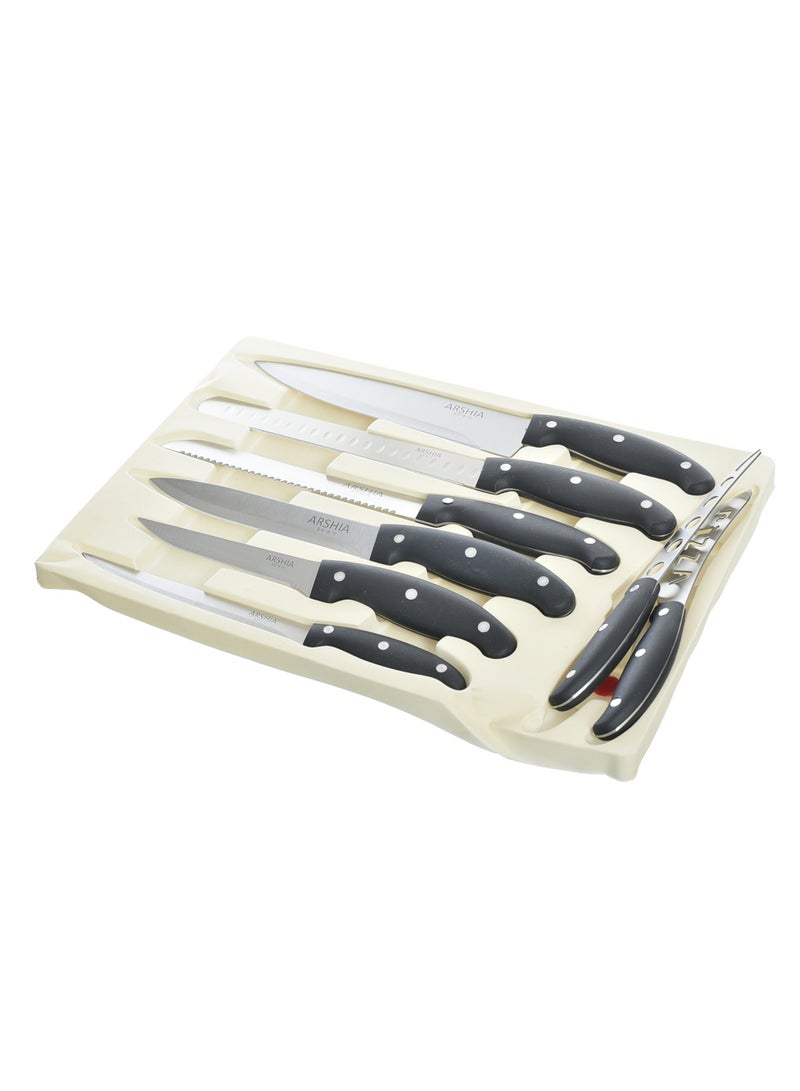 Arshia 32 Piece Archia knives set Vegetable scissors Hanging ice cream - Can opener - 2 graters - Chicken scissors - Pepsi opener - Peeled carrier - Pizza cutter - Cooler - Pizza knife - Cheese knife - Cleaver - Serrated knife - 4 knives of different sizes - 6 Fruit knife - 6 cutting knife - Gateau knife - Image 5