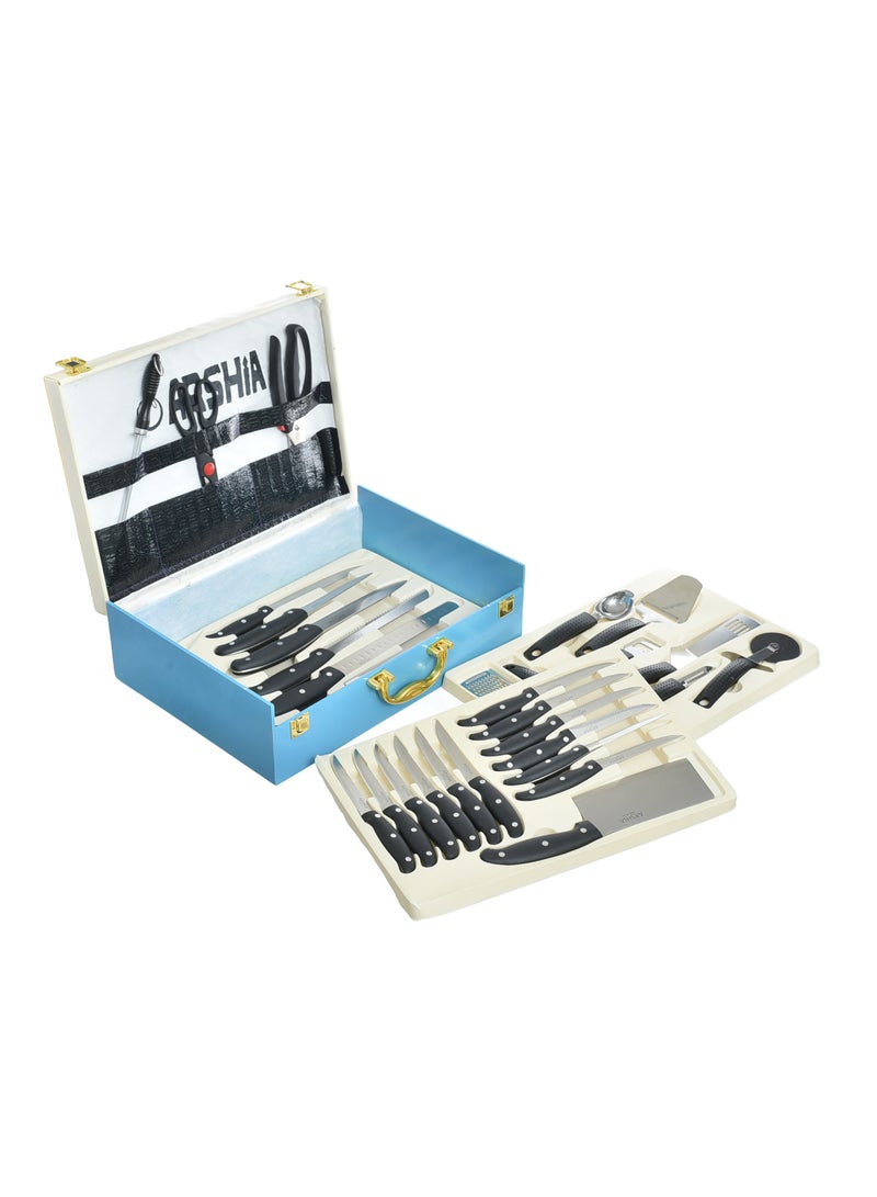 Arshia 32 Piece Archia knives set Vegetable scissors Hanging ice cream - Can opener - 2 graters - Chicken scissors - Pepsi opener - Peeled carrier - Pizza cutter - Cooler - Pizza knife - Cheese knife - Cleaver - Serrated knife - 4 knives of different sizes - 6 Fruit knife - 6 cutting knife - Gateau knife - Image 4