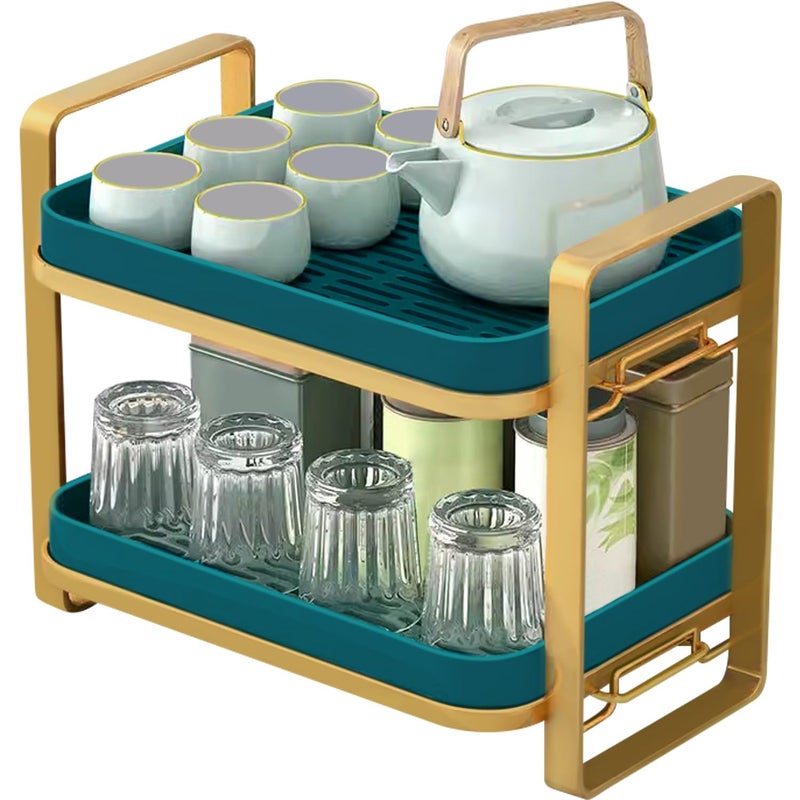 Dhadh 2 Tier Cup Drying Rack with Drain Tray Countertop Mug Holder MultiFunctional Kitchen Storage Organizer Shelf for Glasses Tumbler Teacups Spice Rack - Image 1