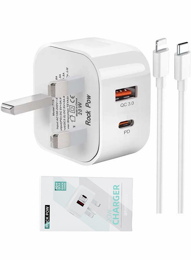 20W USB Type C PD 3.0 Power Adapter Wall Charge and Lead Charging with Phone Fast Charger USB C Plug and Cable 1M, for iPhone 12/12 Pro/12 mini/12 Pro Max/11 Pro Max SE 2020 X XR XS 8 iPad White
