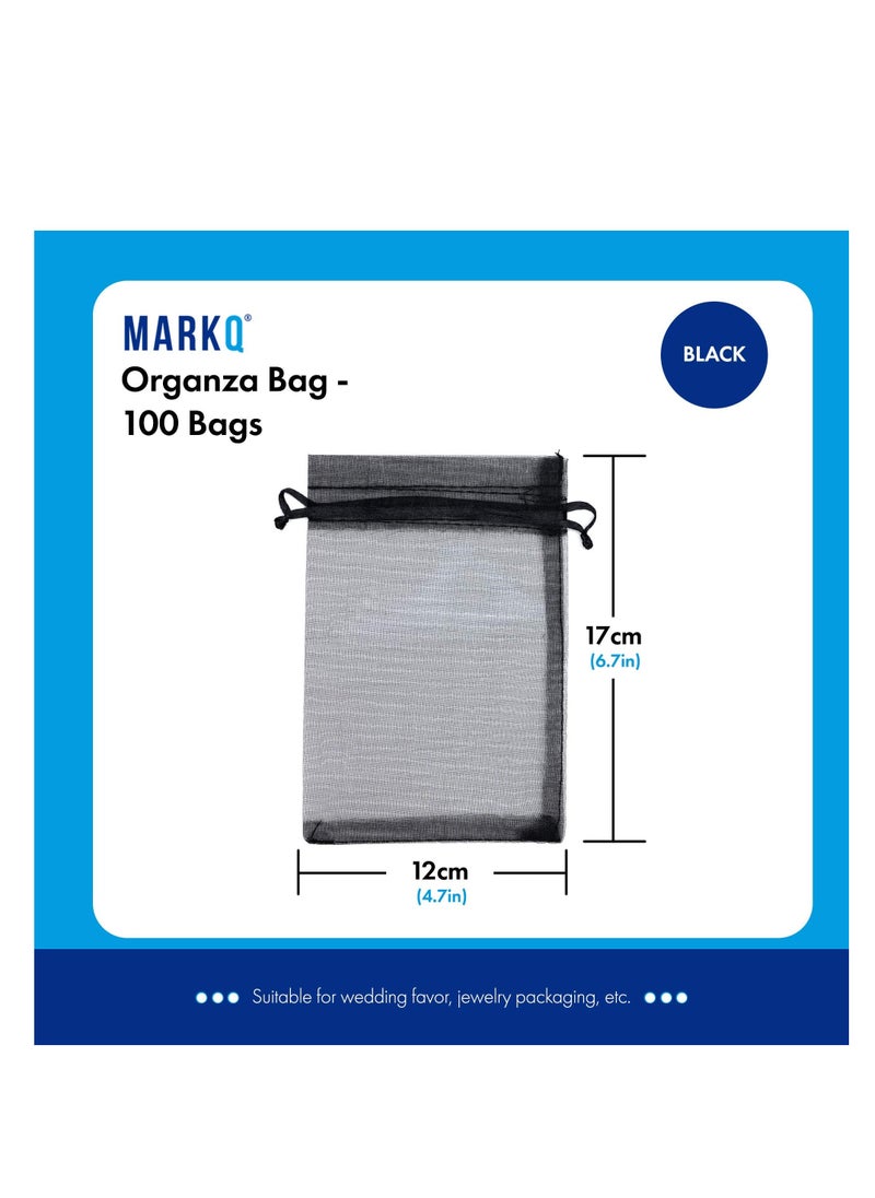 MARKQ 100 Pieces Organza Bags with Drawstrings | 12 X 17 cm Organza Bags for Jewelry Pouches, Candies and Wedding Party | Eid Christmas Bags for Gifts | Organza Gift Bags | Goody Bags (Black)  - Image 2