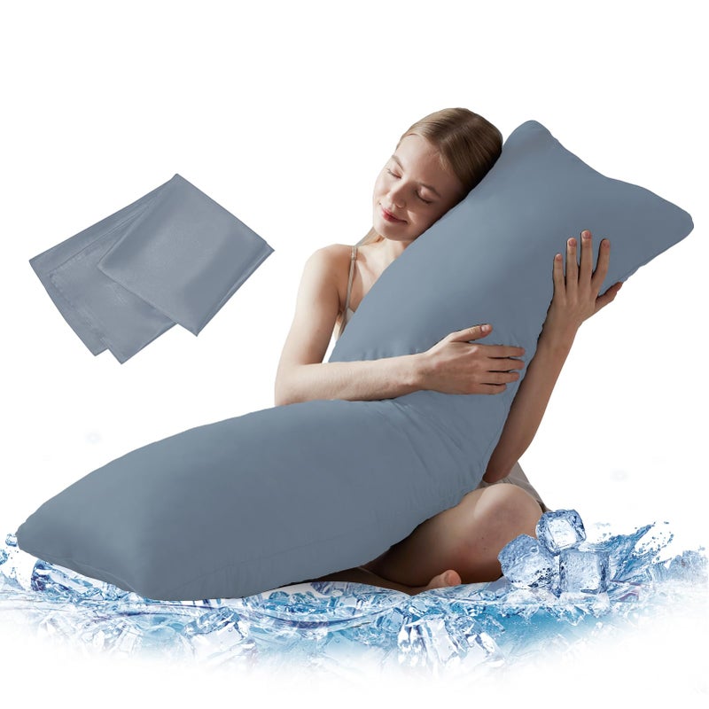 DOWNCOOL Large Body Pillow Insert with Cooling Cover - Soft Long Bed Pillow for Summer - Breathable Full Body Pillow for Adults - 20x54 inch (Grey, with Cover) - Image 1