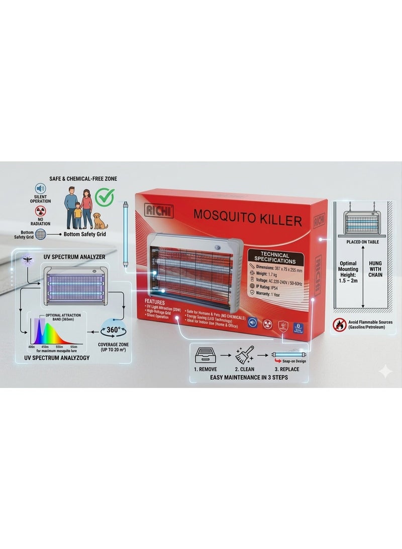 RICHI Mosquito Killer MT-20 (20W) - High Efficiency Electric Bug Zapper, UV-A Fly Catcher for Home & Office - Image 2