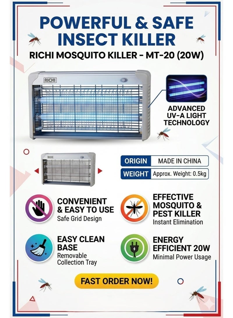RICHI Mosquito Killer MT-20 (20W) - High Efficiency Electric Bug Zapper, UV-A Fly Catcher for Home & Office - Image 1