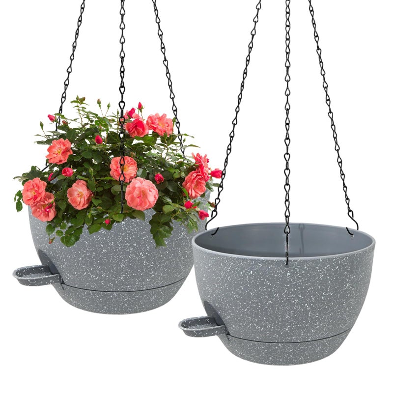 WOUSIWER Self Watering Hanging Planters, 2 Pack 10'' Plastic Pots with Drainage Holes & Reservoir Tray (Speckled Grey) | Indoor & Outdoor Use for Ferns, Ivy, Herbs, Succulents - Image 1