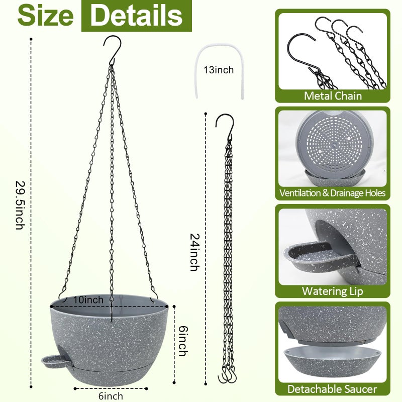 WOUSIWER Self Watering Hanging Planters, 2 Pack 10'' Plastic Pots with Drainage Holes & Reservoir Tray (Speckled Grey) | Indoor & Outdoor Use for Ferns, Ivy, Herbs, Succulents - Image 4