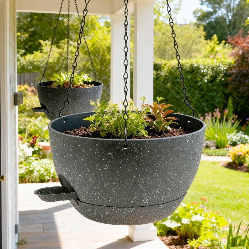 WOUSIWER Self Watering Hanging Planters, 2 Pack 10'' Plastic Pots with Drainage Holes & Reservoir Tray (Speckled Grey) | Indoor & Outdoor Use for Ferns, Ivy, Herbs, Succulents - Image 2