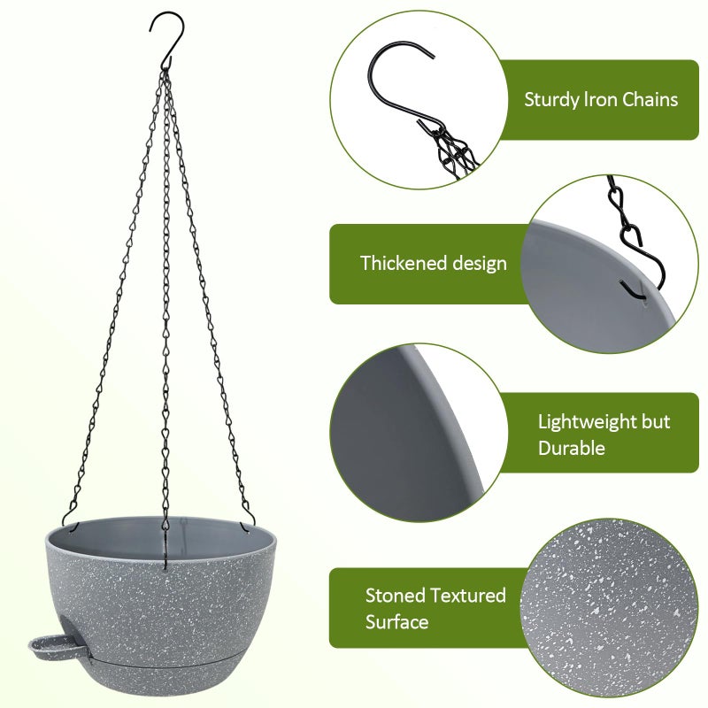 WOUSIWER Self Watering Hanging Planters, 2 Pack 10'' Plastic Pots with Drainage Holes & Reservoir Tray (Speckled Grey) | Indoor & Outdoor Use for Ferns, Ivy, Herbs, Succulents - Image 5