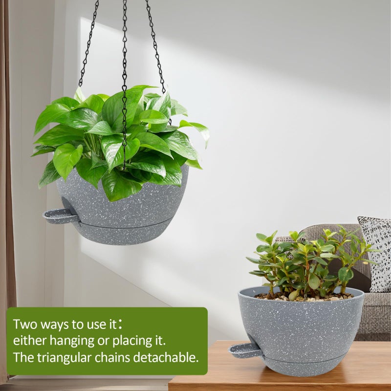 WOUSIWER Self Watering Hanging Planters, 2 Pack 10'' Plastic Pots with Drainage Holes & Reservoir Tray (Speckled Grey) | Indoor & Outdoor Use for Ferns, Ivy, Herbs, Succulents - Image 3